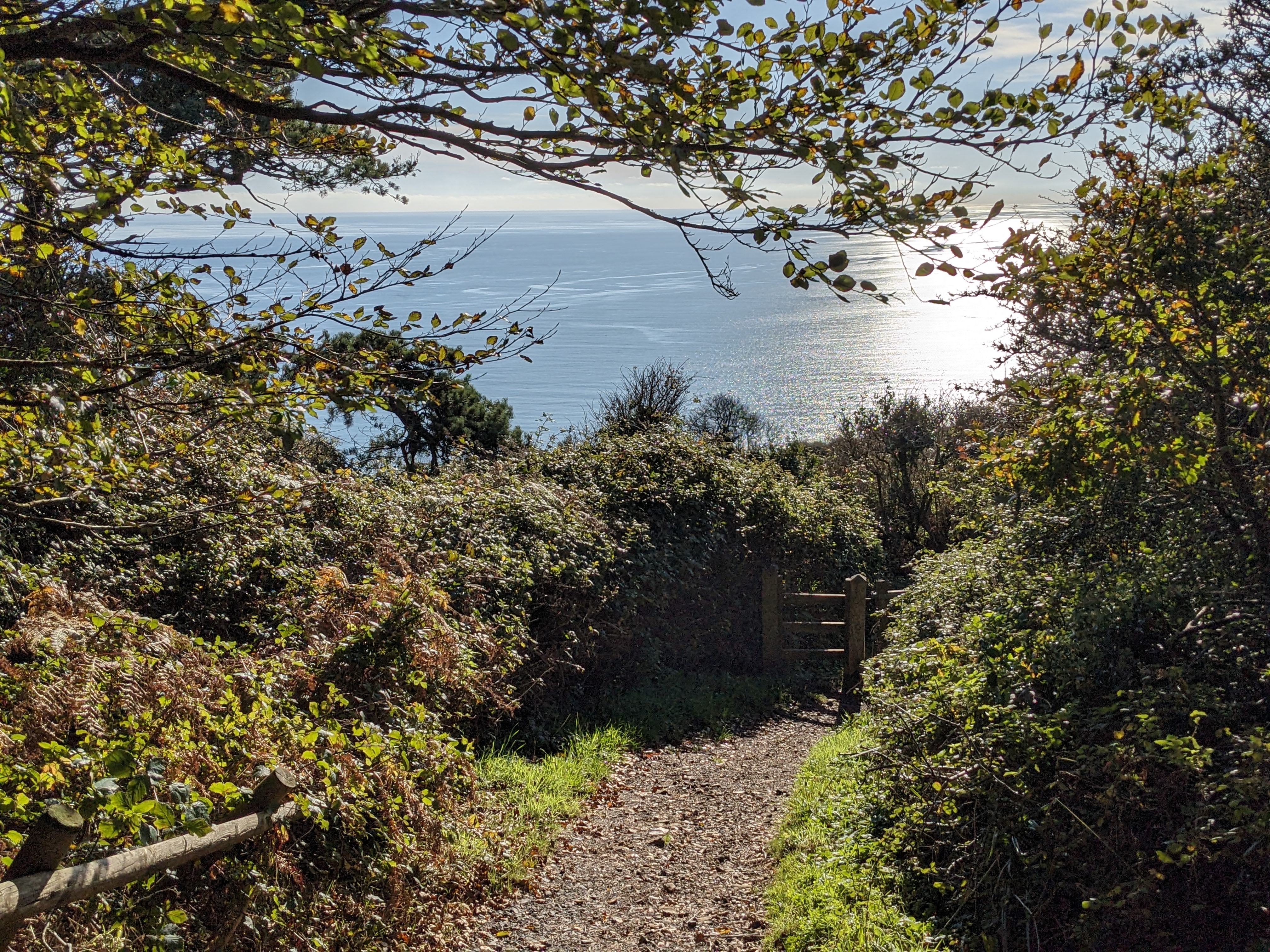 Footpath with sun on sea in the background