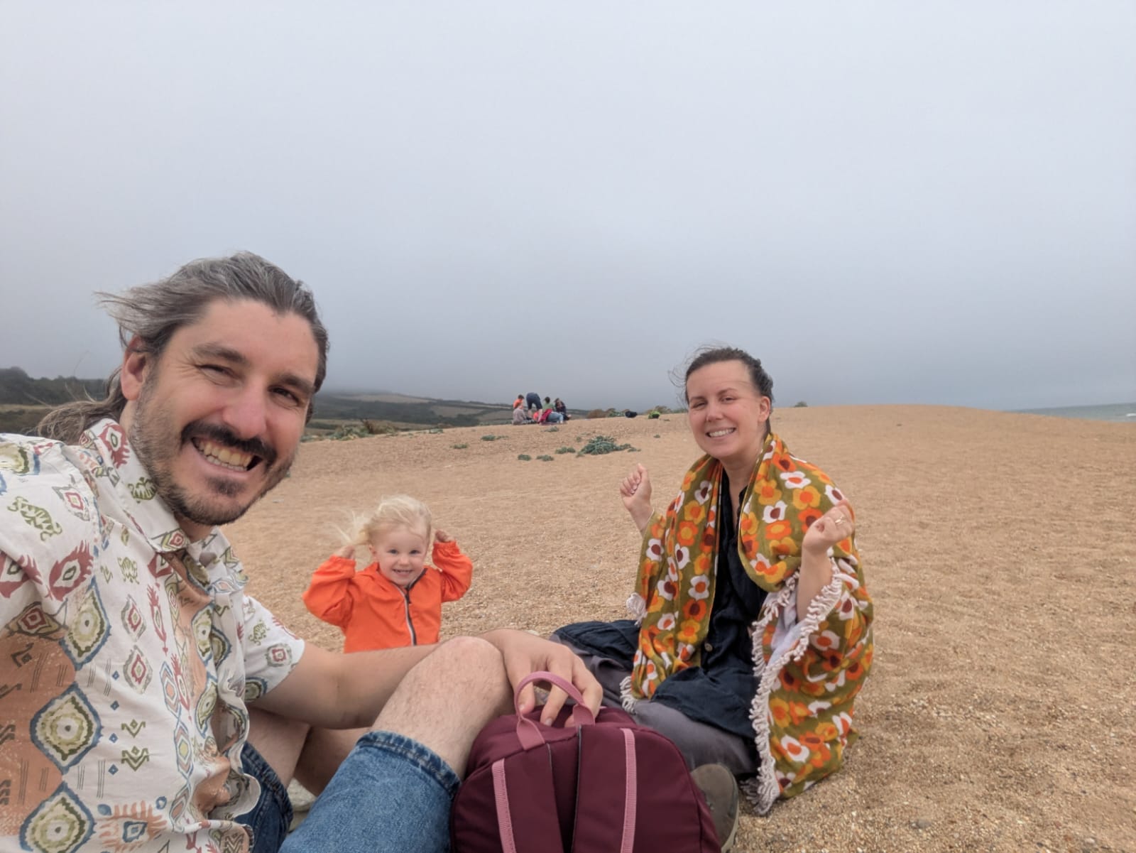 Our creative facilitators Simon and Ruby on the beach below Othona