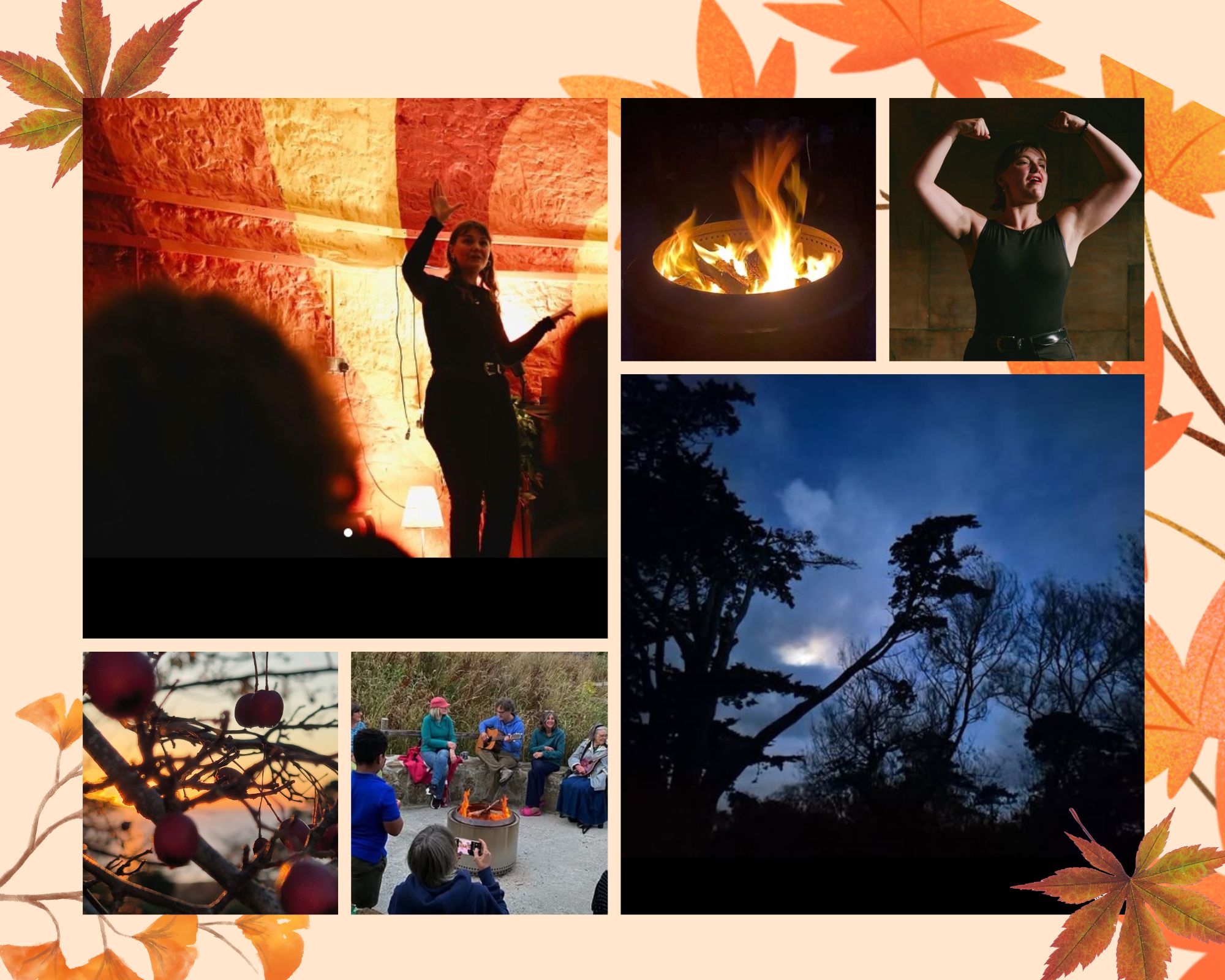 Multiple images of light, fire, people and leaves